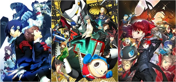 A partir da esquerda: Persona 3 Portable, Persona 4 Golden, Persona 5 Royal